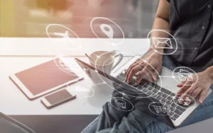 Digital marketing SEO search engine optimization via omnichannel communication network icon on computer software application development and online mobile smart device app technology