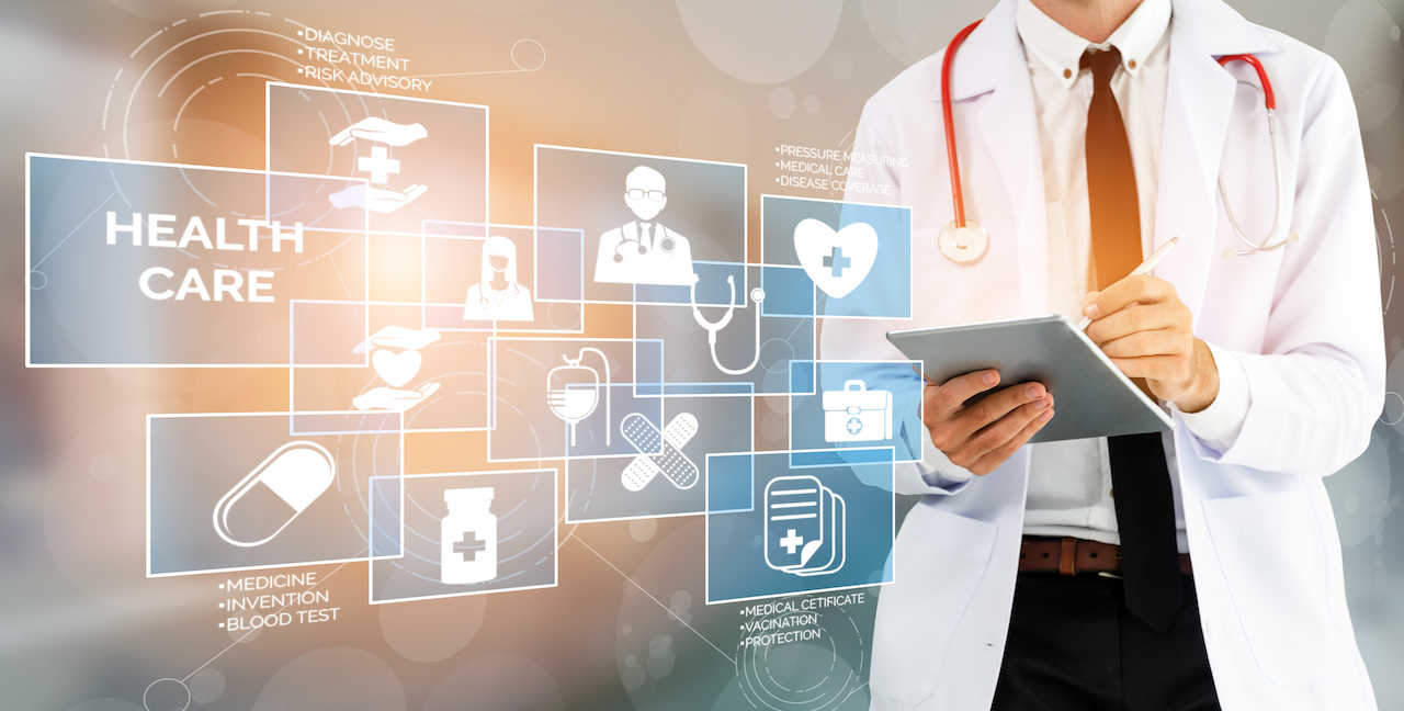 Medical Healthcare Concept - Doctor in hospital with digital medical icons graphic banner showing symbol of medicine, medical care people, emergency service network, doctor data of patient health.