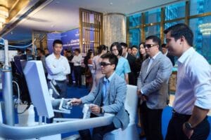 Guests experience the robotic technology exhibition at the event